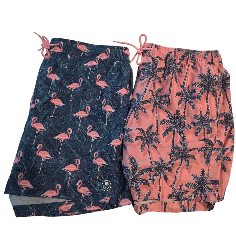 Lot of 2 Trinity Coast Mens Swim Trunks Pink Palm Navy Flamingo Tropical 2XL